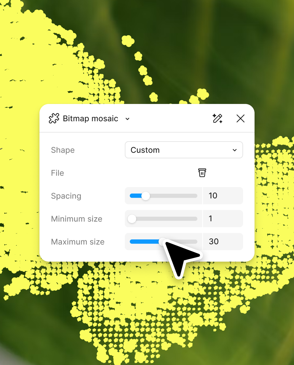 UI yang ditampilkan di atas mosaik bitmap kupu-kupu dengan opsi untuk mengubah jarak antar elemen serta menetapkan ukuran minimum dan maksimum