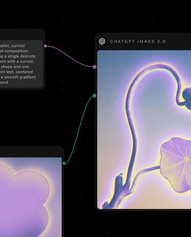 Sebuah node prompt dan sebuah node gambar yang telah dipilih sebelumnya terhubung untuk menghasilkan tampilan visual seekor kupu-kupu di antarmuka Figma Weave