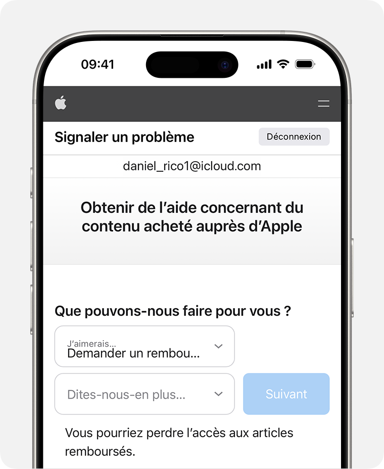 iPhone affichant le site web « Signaler un problème » sur lequel vous pouvez demander un remboursement. Après avoir choisi « Demander un remboursement », indiquez le motif de votre demande.