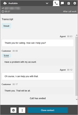The CCP for agent 1, a full call transcript.