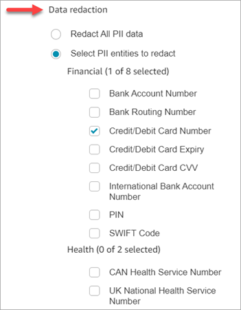 The data redaction section, a list of entities you can redact.
