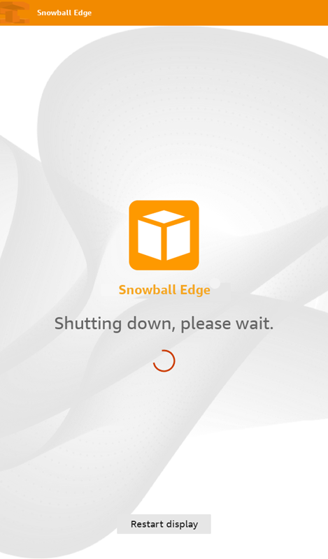 Shutdown message on LCD screen with Restart display button near bottom center.