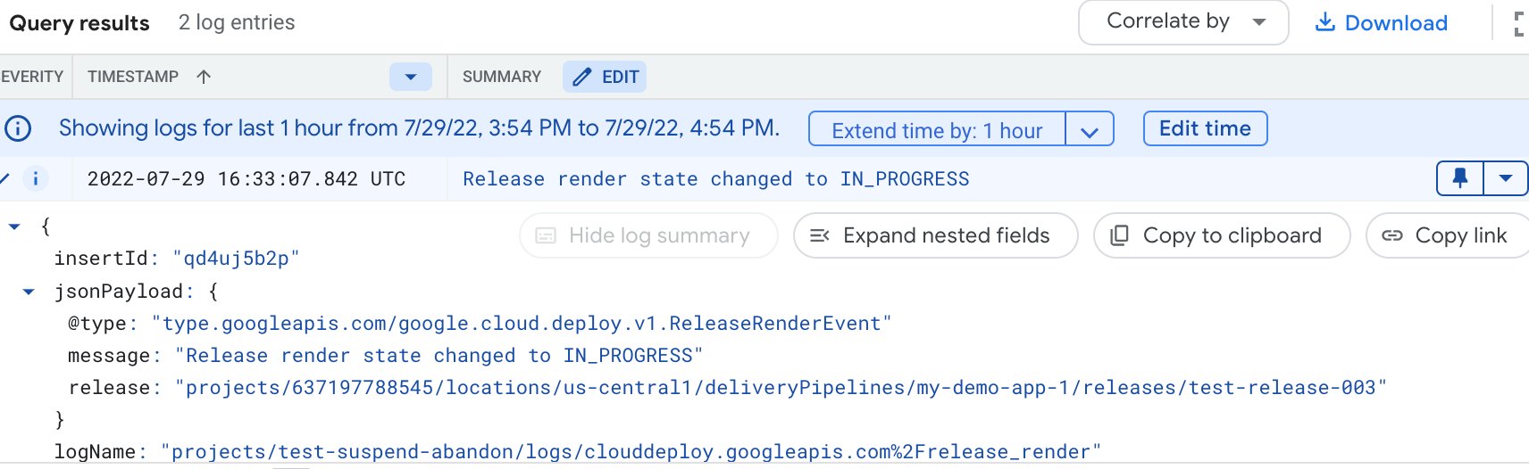 Contenuti di un
log della piattaforma Google Cloud Deploy