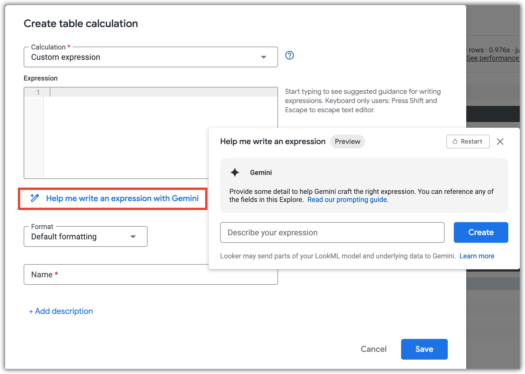 The table calculation dialog showing the Help me write an expression link.