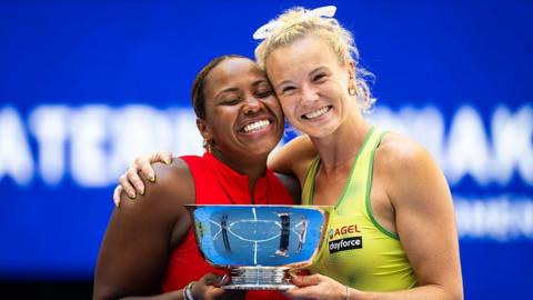 Taylor Townsend and Katerina Siniakova celebrate winning the women's doubles at the US Open