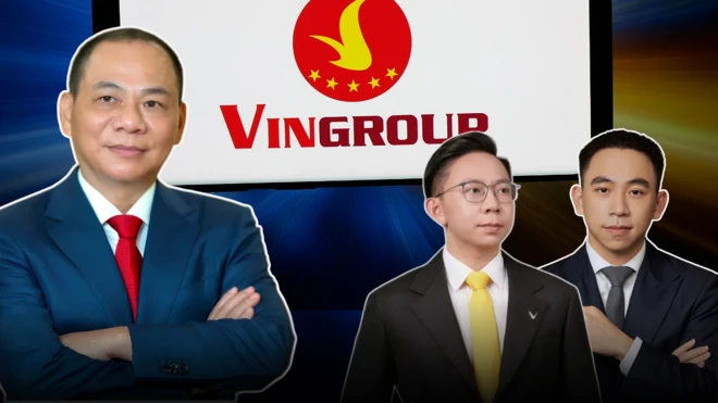 Ảnh thiết kế: Từ trái qua: ông Phạm Nhật Vượng, Phạm Nhật Quân Anh và Phạm Nhật Minh Hoàng. Phía sau là logo Vingroup