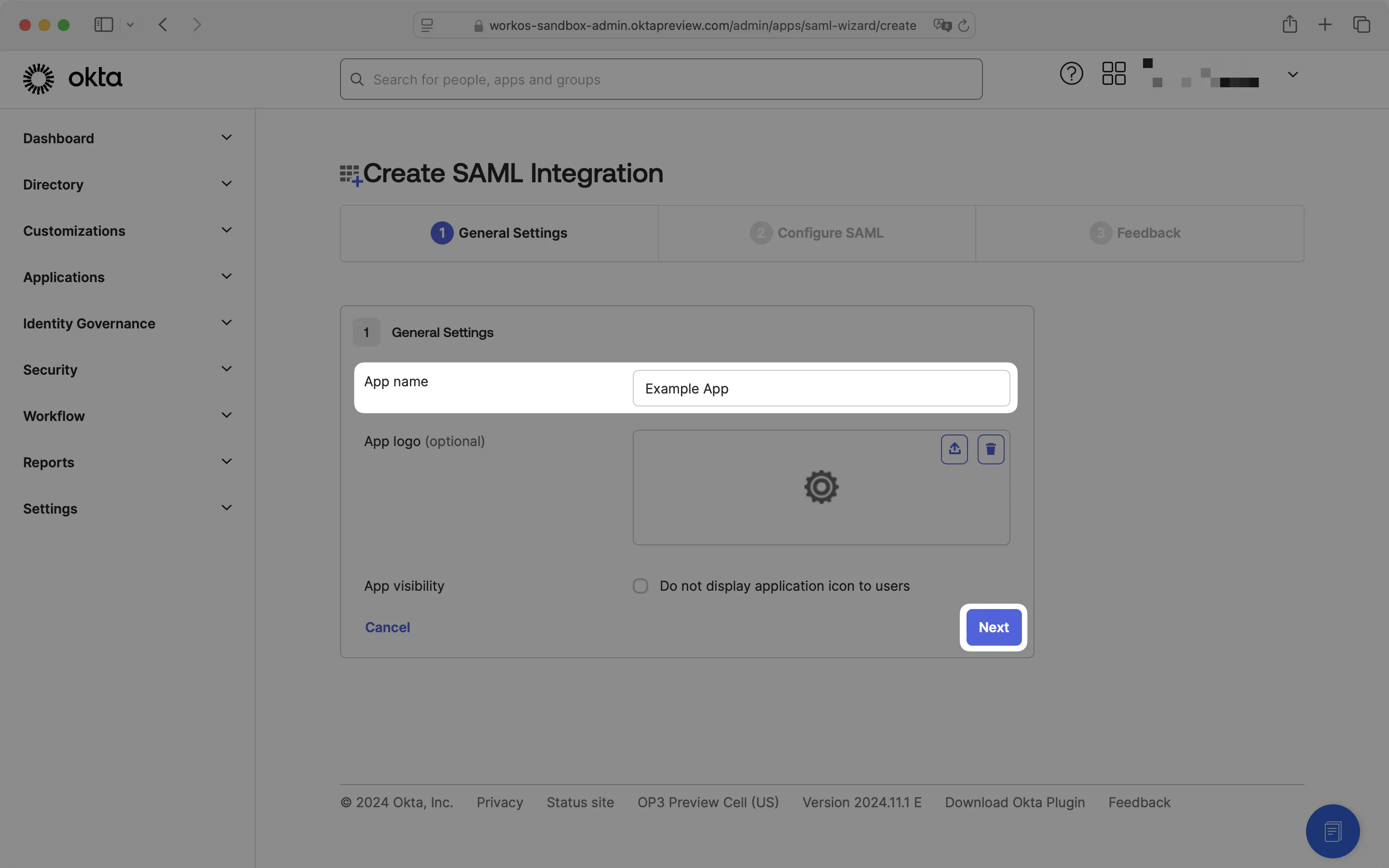 A screenshot showing App name creation in the Okta Dashboard.