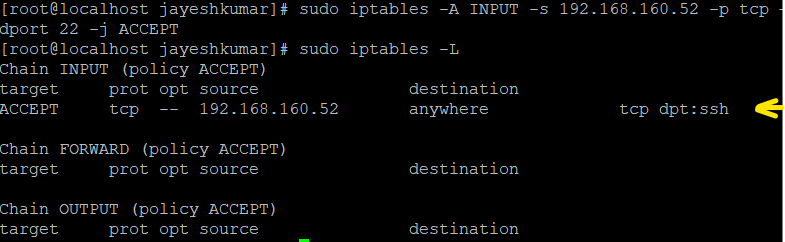 TO CHECK OUTPUT WE USED $ sudo iptables -L