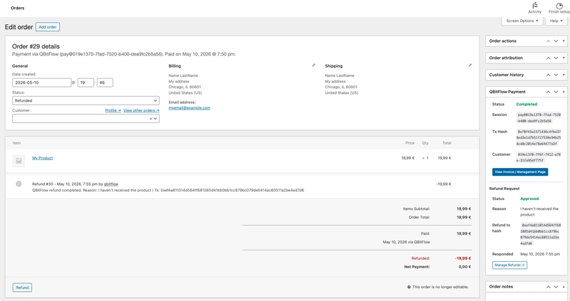 Order page showing payment and refund