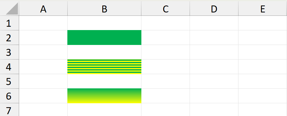 Excell cells with different background fills created in C# Excel cell solid, pattern, and gradient fills created with GemBox.Spreadsheet