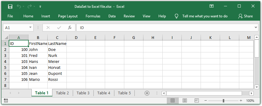 Screenshot of a DataSet exported to an Excel file in C#, with GemBox.Spreadsheet Screenshot of a DataSet exported to an Excel file in C#, with GemBox.Spreadsheet