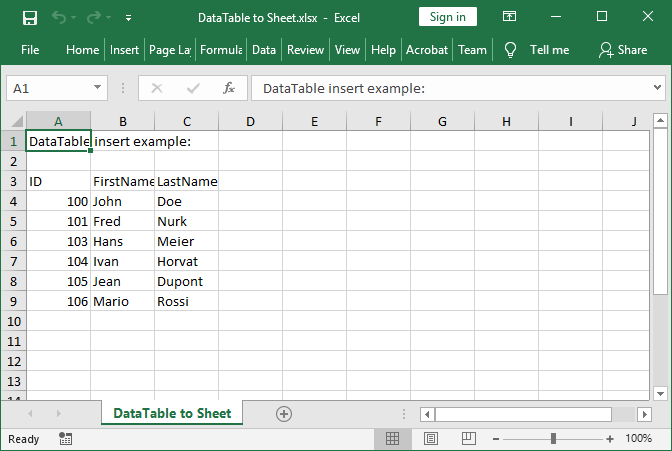 Screenshot of a DataTable exported to an Excel sheet in C# Screenshot of a DataTable exported to an Excel sheet in C#